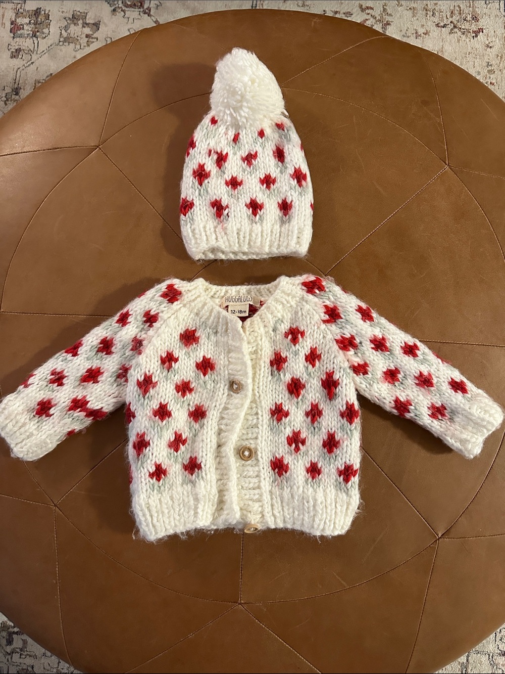 Huggalugs White and Red Knit Cardigan with Matching Pom Hat 12-18m